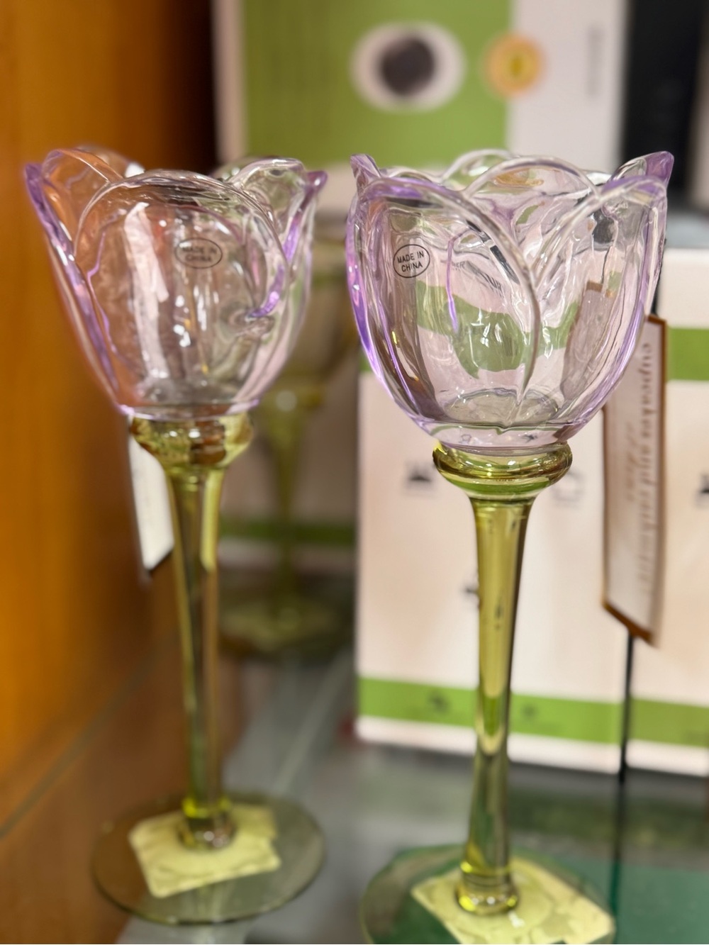 cupcakes & cashmere Purple Tulip Glass Candle Holders set 2 with Green Stems